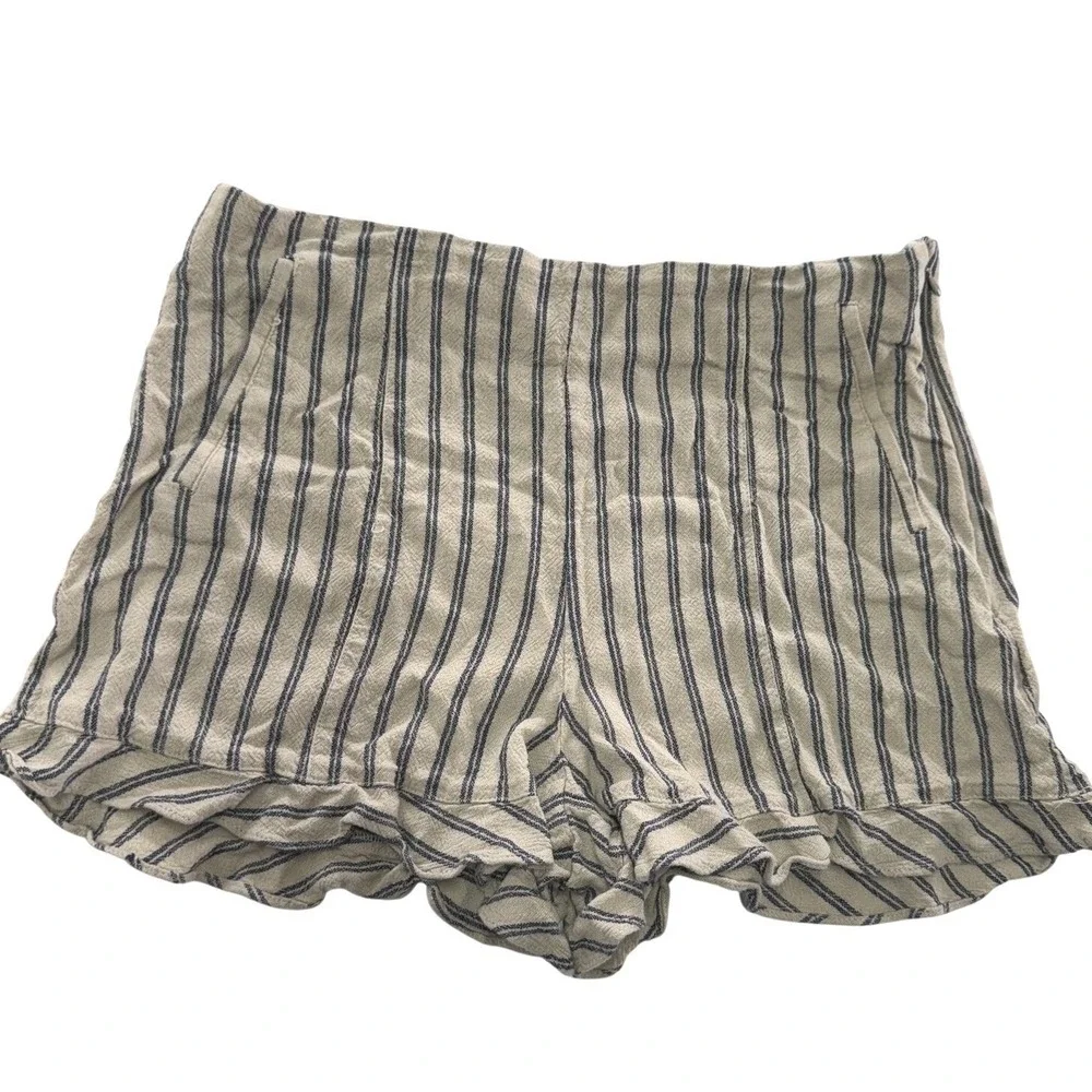 1.STATE Shorts Womens 8‎ Beige Striped Linen Blend Ruffle Hem Summer Coastal